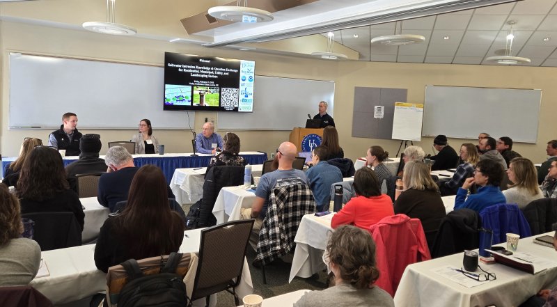A few dozen people attended the meeting. Shown at the front table during the panel discussion are (l-r) Arbor Care Plant & Turf Operations Manager Travis Pitts, DNREC Division of Water Resource Protection head Ashley Norton and Lewes Board of Public Works Secretary Preston Lee.